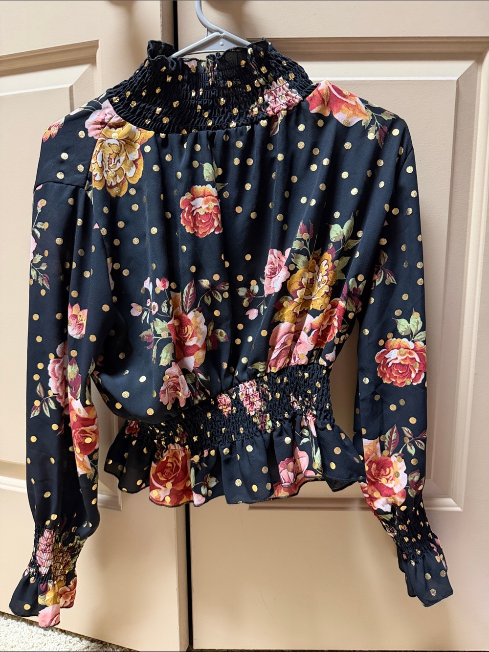 J for Justify Black Floral Smocked Waist & Neck Blouse with Gold Dots